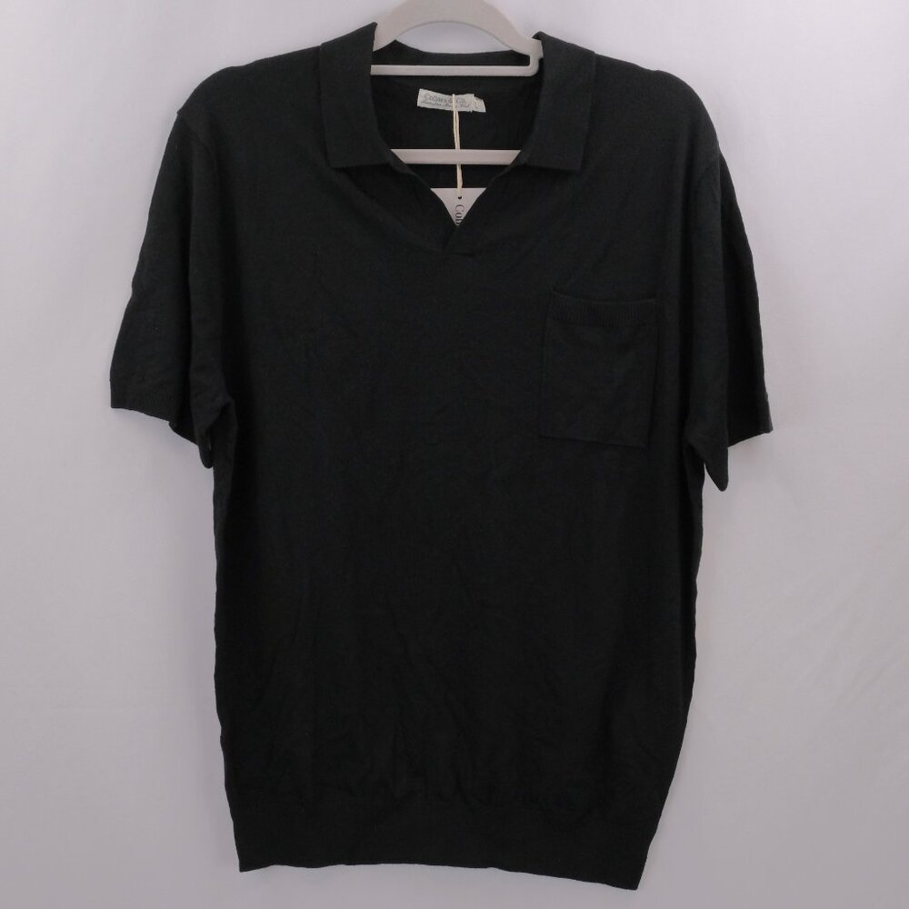 Collars & Co Bellagio Merino Wool V-neck Short-Sleeve Buttonless Polo, Black, L